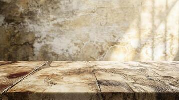 Wooden table with a wall behind it. The wall is made of stone and has a window in it. The table is empty and has a light shining on it photo