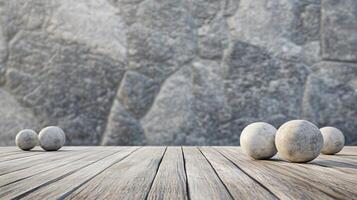Wooden table with three white balls on it and a wall behind it. The balls are placed in a row and the table is empty photo