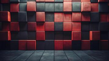 Wall made of red and black blocks, with a rough texture and a bold, modern look. The blocks are arranged in a grid pattern, with some overlapping and others standing alone photo