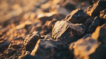 Pile of rocks with a sun shining on them. The sun is casting shadows on the rocks, creating a warm and inviting atmosphere photo