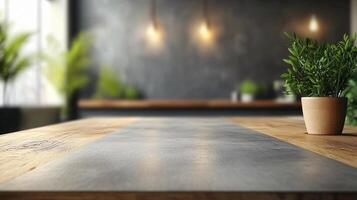 Table with a potted plant on top of it. The table is empty and the plant is the only thing on it photo