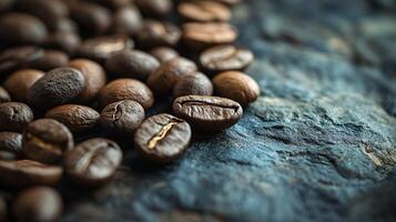 Pile of coffee beans on a blue surface. The beans are of different sizes and shapes, and they are spread out in a way that creates a sense of depth and texture. Concept of warmth and comfort photo