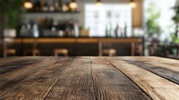Wooden table with a view of a bar. The table is empty and the bar is full of bottles photo