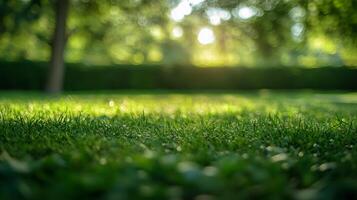 Lush green field with a bright sun shining on it. The grass is short and the sky is clear photo