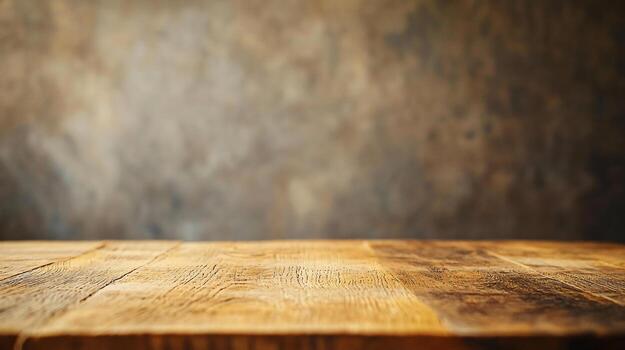 Wooden table with a brown background. The table is empty and has a natural, rustic feel to it photo