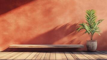 Wooden bench is placed in front of a wall with a plant in a vase. The bench is empty and the plant is the only object in the room. The room has a simple and minimalistic design photo