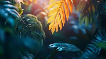 Close up of a leafy green plant with a yellow leaf in the foreground. The leaf is surrounded by other leaves and the overall image has a vibrant and lively feel to it photo