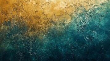 Painting of a blue and yellow ocean with a rocky shoreline. The colors are vibrant and the brushstrokes are bold. The mood of the painting is energetic and lively, with a sense of movement and depth photo