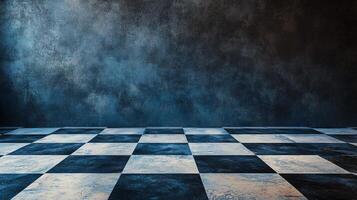 Checkered floor with a wall in the background. The wall is covered in graffiti and the floor is covered in dirt photo