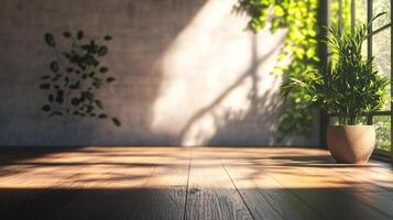 Large potted plant sits in front of a window, casting a shadow on the floor. The room is empty, with only the plant and the window as the main elements photo