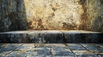 Stone wall with a step leading up to it. The wall is covered in dirt and has a worn appearance photo