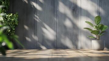 Potted plant sits on a wooden table in front of a wall. The plant is a small fern, and it is placed in a grey ceramic pot. The table is empty, and the wall is made of wood photo
