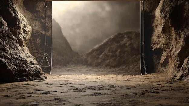 Cave with a large opening in the middle. The cave is dark and the opening is illuminated by a light source. Scene is mysterious and eerie photo