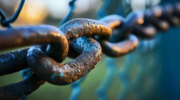 Chain link fence with a chain link fence. The chain link fence is rusted and has a blue tint photo