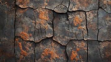 Wall with cracks and rust. The wall is made of stone and has a rough texture. The cracks and rust give the wall a sense of age and decay photo