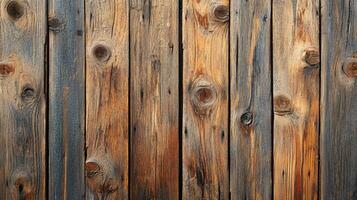 Wooden surface with a lot of texture and a grainy appearance. The wood is old and has a weathered look, giving it a rustic and natural feel. The surface is covered in small holes photo