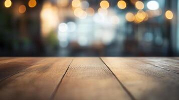 Wooden table with a blurry background. The table is empty and the background is blurry, giving the impression of a peaceful and calm atmosphere photo