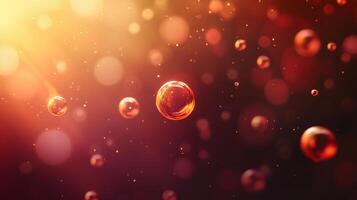 Close up of a bunch of red bubbles floating in the air. The bubbles are scattered all over the image, creating a sense of chaos and movement. The red color of the bubbles adds a sense of energy photo
