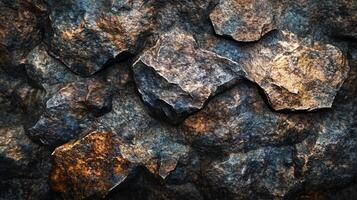 Close up of a rock wall with a variety of different sized rocks. The wall is made up of many different types of rocks, some of which are large and some of which are small photo