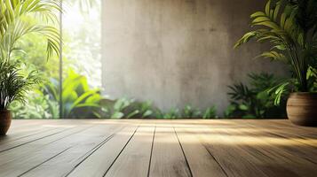 Room with a wooden floor and two potted plants. The plants are on the left and right side of the room. The room is empty and has a natural feel to it photo