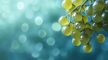 Bunch of grapes hanging from a vine. The grapes are green and shiny. The background is blue and blurry photo