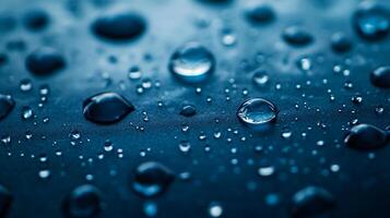 The image is of a blue surface with many small drops of water on it. The drops are scattered all over the surface, creating a sense of movement and fluidity photo