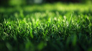 Field of green grass with the sun shining on it. The grass is lush and vibrant, creating a peaceful and serene atmosphere photo