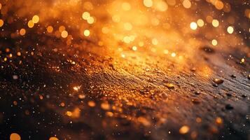 Blurry image of a wet surface with a lot of glitter. The glitter is scattered all over the surface, creating a sparkling effect. The wet surface could be a puddle or a wet floor photo