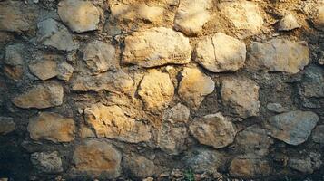Wall made of large rocks with a shadow cast on it. The wall is rough and uneven, with some rocks being larger than others. The shadow is dark and elongated, stretching across the wall photo