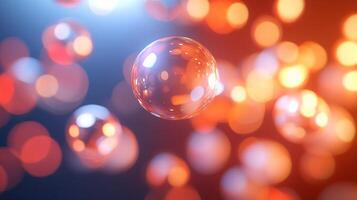 Close up of a bubble with a blurry background. The bubbles are all different sizes and colors, creating a sense of depth and movement. Scene is playful and whimsical photo