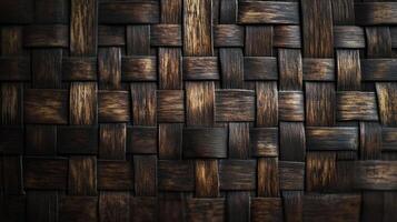 Close up of a wooden wall with a woven pattern. The texture of the wood is rough and the pattern is intricate. Scene is warm and inviting, with the wood grain photo