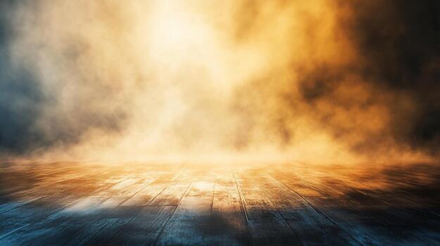 Blurry, yellowish-orange background with a dark blue foreground. The background is filled with smoke and the foreground is a wooden floor photo