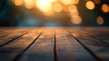 Wooden table with a blurry background. The table is empty and the background is blurry, giving the impression of a peaceful and calm atmosphere photo