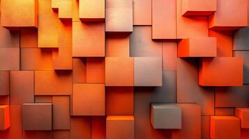 The image is a colorful wall made up of orange and gray blocks. The blocks are arranged in a way that creates a sense of depth and texture. Scene is vibrant and energetic photo