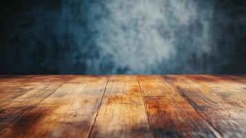 Wooden floor with a blue background. The floor is empty and has a natural, rustic feel to it photo