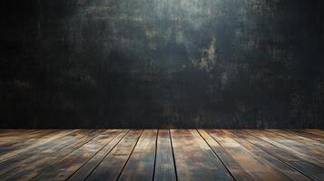 Wooden floor with a wall in the background. The wall is covered in graffiti and the floor is empty photo