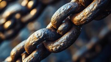 Chain link is shown in a close up. The chain is rusty and has a worn appearance. Concept of decay and abandonment photo