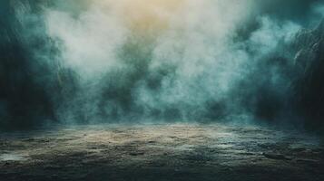 Dark, smoky, and foggy scene with a large, empty space. Scene is mysterious and ominous photo
