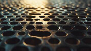 Close up of a metal surface with many small holes. The holes are of various sizes and are scattered throughout the surface. The image has a somewhat industrial or utilitarian feel to it photo