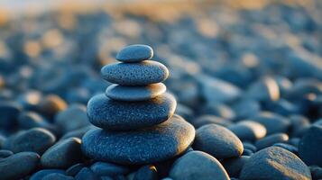 Stack of rocks is on a beach. The rocks are blue and white. The beach is rocky and the rocks are scattered all over the beach photo
