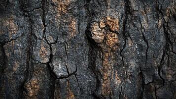 Close up of a tree trunk with a rough, cracked surface. The bark is brown and the wood is weathered photo