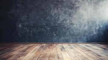 Large empty room with a wooden floor and a wall. The room is bare and empty, with no furniture or decorations photo