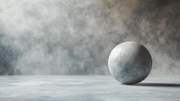 Grey and white stone ball is sitting on a grey and white floor. The ball is the only object in the image, and it is the focal point of the scene photo