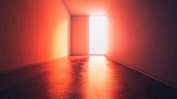 Hallway with a door in the middle. The door is open and the hallway is lit by a bright light. The hallway is empty and the light is shining on the floor photo