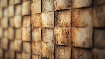 Wall made of wooden blocks, with a brownish color. The blocks are arranged in a checkered pattern, giving the wall a unique and rustic appearance. Scene is warm and inviting photo