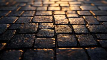 Close up of a brick sidewalk with a dark blue color. The bricks are arranged in a pattern and the image has a moody and mysterious feel to it photo