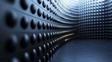 Wall of black dots with a yellow line in the middle. The dots are arranged in a way that creates a sense of depth and movement. The yellow line adds a pop of color photo