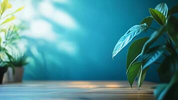 Leafy plant sits on a wooden table in front of a blue wall. The plant is surrounded by a shadow, which adds depth and dimension to the scene. The blue wall and wooden table create a calming photo