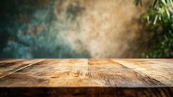 Wooden table with a green plant in the background. The table is empty and has a natural, rustic feel to it photo