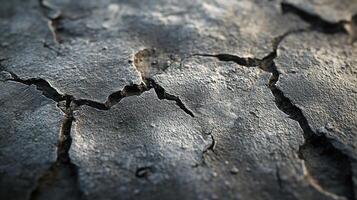 Cracked and broken surface with a rough texture. The cracks are deep and wide, and the surface is uneven. Concept of decay and abandonment, as if the surface has been left to weather photo